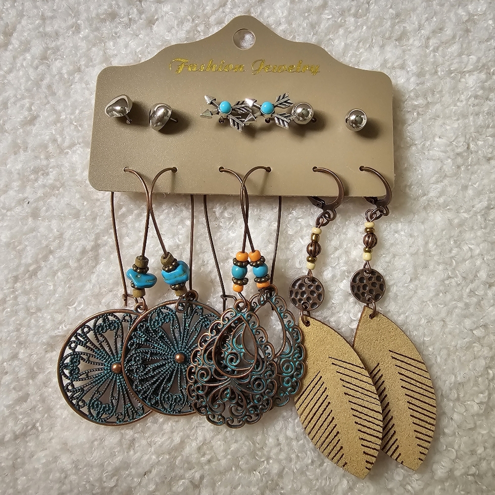 Boho stud dangle earrings bronze silver faux turquoise beaded southwestern